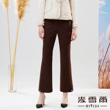 Myvega麥雪爾 MIT毛呢直條紋褲口開衩彈性喇叭長褲-咖啡