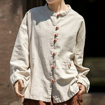 現貨+預購 新中式外套手工棉麻罩衫亞麻襯衫夏季女裝大尺碼-長袖拼色盤扣女外套3色74lw46  【獨家進口】【米蘭精品】