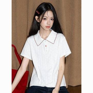【YWZ】學院風正肩甜美POLO領短袖T恤女夏季2026新款翻領顯瘦白色上衣服