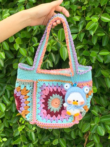 手工鉤織 奶奶方格手提包 小號 波希米亞風