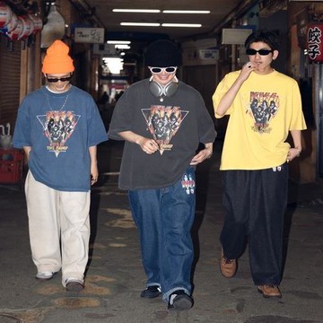 日單 Peru-shu/KlSS樂隊 復古 印花 純棉 水洗 闊版 寬松 短袖T恤