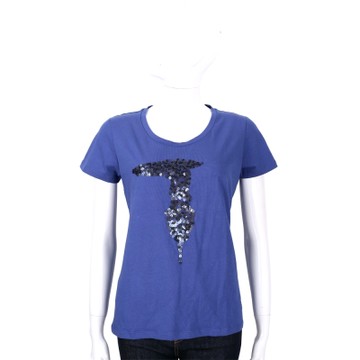 TRUSSARDI 藍色亮片LOGO棉質短袖T恤