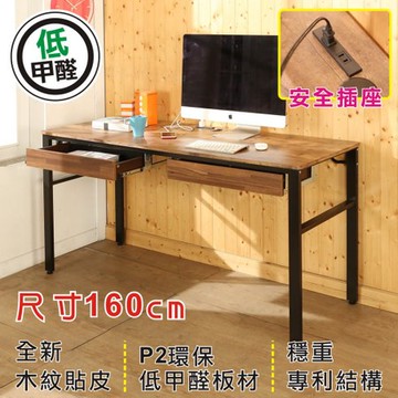 BuyJM低甲醛復古風160公分附插座雙抽屜穩重工作桌