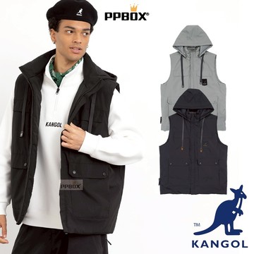 KANGOL 袋鼠 工裝多口袋連帽鋪棉背心 可拆帽【65551483】時尚 保暖外套 衣服 外套 上衣 日韓穿搭
