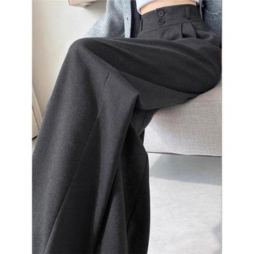 深灰色毛呢闊腿西裝褲女裝春秋高腰垂感小個子窄版今年流行梧桐褲