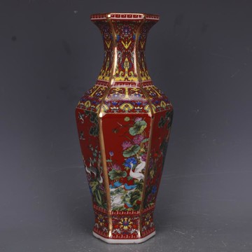 清乾隆琺瑯彩花鳥六方花瓶仿古工藝品瓷器家居中式擺件古董古玩1入
