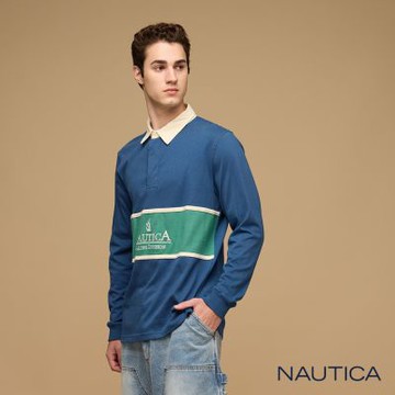 Nautica男裝 跳色色塊長袖POLO衫-藍色