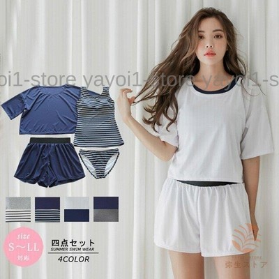 レディース水着 4点 Tシャツ ショートパンツ タンキニ ショーツ 水着 ボーダー 無地 タンクトップ プール 体系カバー 海 リ 通販 Lineポイント最大get Lineショッピング