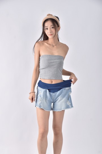 (XL) angel kiss高腰丹寧牛仔棉質割破孕婦褲藍色短褲