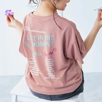 日本 devirock - 速乾網眼 女孩印花短袖上衣-背後英文logo-煙燻粉