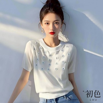初色 純色冰絲圓領立體小花針織衫上衣T恤女上衣-白色-11105(F可選/現貨+預購)