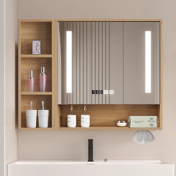 ??快速出貨 可開發票 北歐風原木色浴室鏡柜單獨衛生間鏡子柜一體收納開放格智能掛墻式