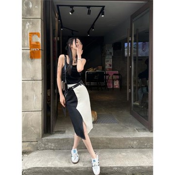 Tristine2023新款美式復古牛仔黑白拼接半裙ins小眾設計長裙潮