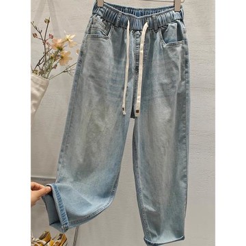 (免運)SY思穎巨顯瘦松緊腰微彈薄牛仔褲哈倫褲女2025夏寬松蘿卜老爹褲潮