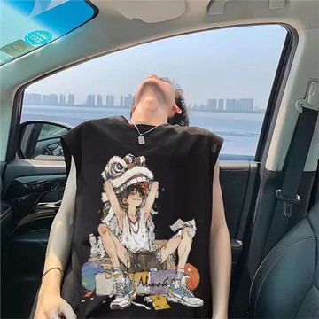 國潮舞獅人物美式高街工字背心女男夏純棉寬松街頭hiphop無袖t恤