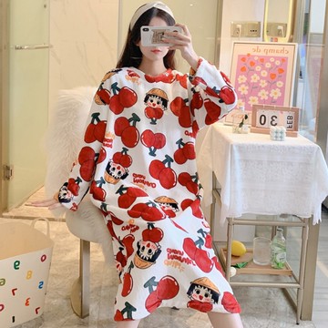 imaco旗艦店 櫻桃妹法蘭絨保暖睡裙