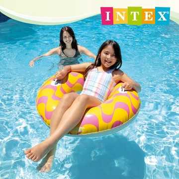 【INTEX】波浪紋游泳圈帶雙握把(直徑91cm)-適用9歲+ 桔色/水藍色 15130243/4(59256)