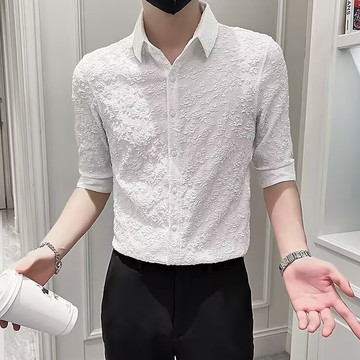 𝒚𝒐𝒖𝒓® 𝒔𝒕𝒖𝒅𝒊𝒐|禁慾系 高級感 立體浮雕 提花襯衫男 修身顯瘦 上班約會 七分袖 夏季冰絲 透氣襯衫 2131