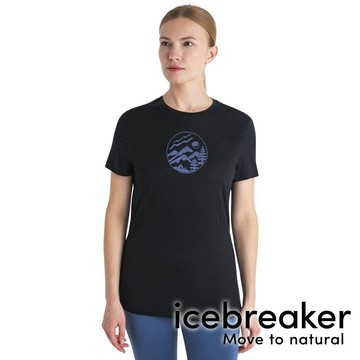 【icebreaker】Tech Lite 女羊毛圓領短袖衣150-營地景緻『黑』戶外 運動 柔軟 舒適 羊毛 吸濕 排汗 抑味 控溫 0A56YD
