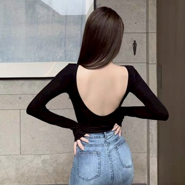 長袖t恤 INS韓系棉素T性感大露背短版上衣女生內搭緊身顯瘦微辣上衣大碼女裝 10812