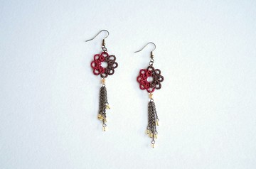 梭織蕾絲雙色耳針巧克力酒