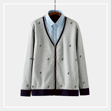 國內D 純剪標 秋冬季男士假兩件襯衫領加絨保暖長袖針織衫上衣1入