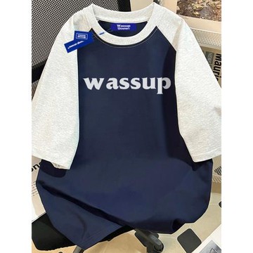 wassup撞色拼接美式復古重磅純棉短袖T恤男女夏新款寬松休閑上衣