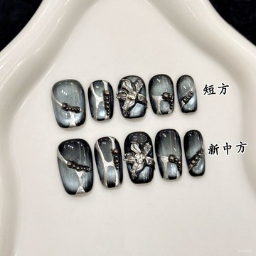 💟加一手工甲💅🏻藝禾穿戴甲【銀花疏影】魔域之花手工鵰花綫條高級感貓眼短款美甲純手工穿戴甲 85IQ