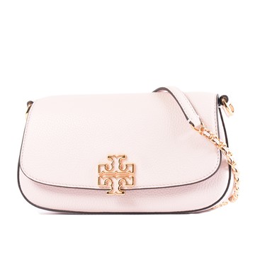 TORY BURCH BRITTEN 金屬縷空荔枝紋翻蓋磁釦雙背帶肩背/斜背二用包-嫩粉