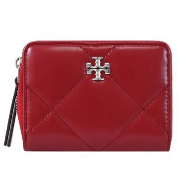 TORY BURCH 金屬LOGO菱格絎縫皮革ㄇ字拉鍊零錢包(紅)