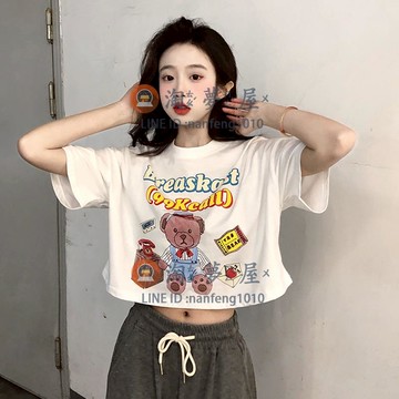 小熊甜辣風純棉T恤女春裝 可愛減齡寬松短款百搭短袖上衣【淘夢屋】