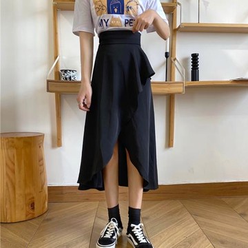 ins超火的半身裙女中長款大碼胖mm高腰顯瘦黑色不規則設計感長裙