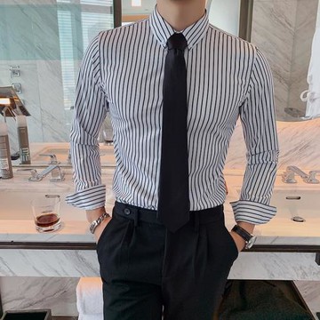 豎條紋英倫風襯衫男長袖韓版修身春秋款免燙抗皺商務正裝休閑襯衣