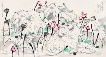 名畫復制品吳冠中荷花蓮子50*27厘米花鳥畫中國畫水墨畫名人字畫