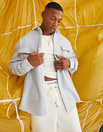 ASOS DESIGN 90s oversized wool mix shirt in light blue herringbone