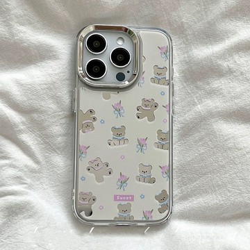【新品熱銷】 ins日韓小熊花朵iPhone16/15手機殻夏天鏡子高級蘋果11/12/13/14網紅xs/xr
