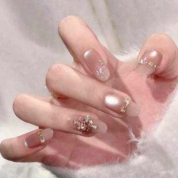 ➕最新設計款穿戴甲💅【桃枝清酒】純手工穿戴甲裸色法式拚鑽純慾貓眼高級純手作美甲片長梯穿戴甲 FPMR