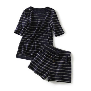 夏季新款亮金絲條紋藍色舒適棉上衣寬松圓領T恤+短褲兩件套套裝女