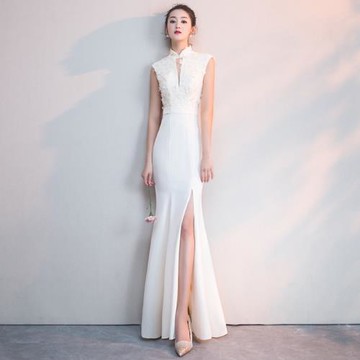 香檳色晚禮服女高級感氣質絕美魚尾修身中國風改良年會旗袍連衣裙