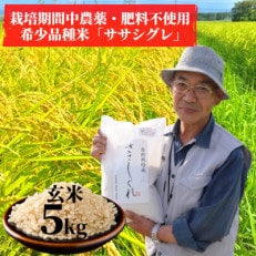 令和5年産　宮城県産幻の米「ササシグレ」玄米5kg(栽培期間中農薬・肥料不使用)