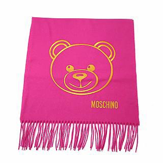 MOSCHINO 泰迪熊臉純羊毛寬版流蘇圍巾(009 桃紅)