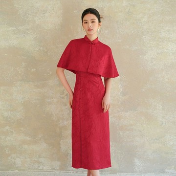 中國風紅色提花禮服旗袍 / 斗篷 / 復古披肩改良款