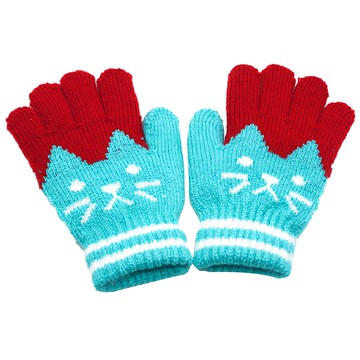 JAR嚴選 兒童防寒保暖可愛小貓針織手套-藍綠色  均碼  1雙