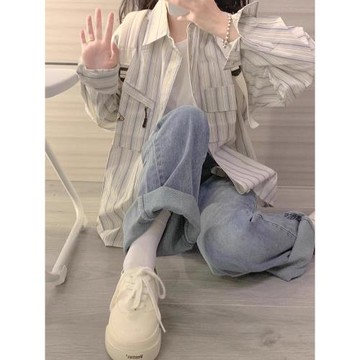 藍色條紋多巴胺穿搭外套防曬襯衫