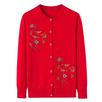 秋冬季中老年羊絨衫女開衫刺繡燙鉆長袖大碼圓領針織衫毛衣女K72