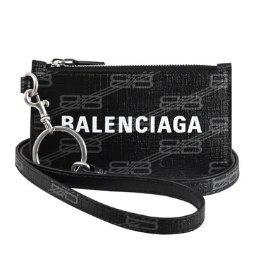 BALENCIAGA 巴黎世家 594548 滿版印花LOGO頸掛卡片零錢包.黑