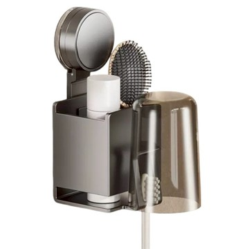 費歐家 吸盤式太空鋁牙刷置物架 + 漱口杯  1套  槍灰色