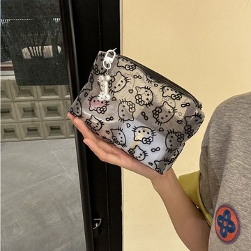 kitty化妝包 網紗收納包 透明收納袋 化妝品收納 收納袋網 透氣包 簡約可愛黑色網紗kitty化妝包便攜收納包