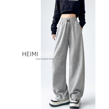 灰色彎刀運動褲女春秋高腰休閑窄版闊腿褲小個子寬松休閑香蕉衛褲