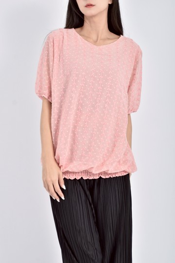 (L) 棉質刺繡紡紗粉色短袖上衣